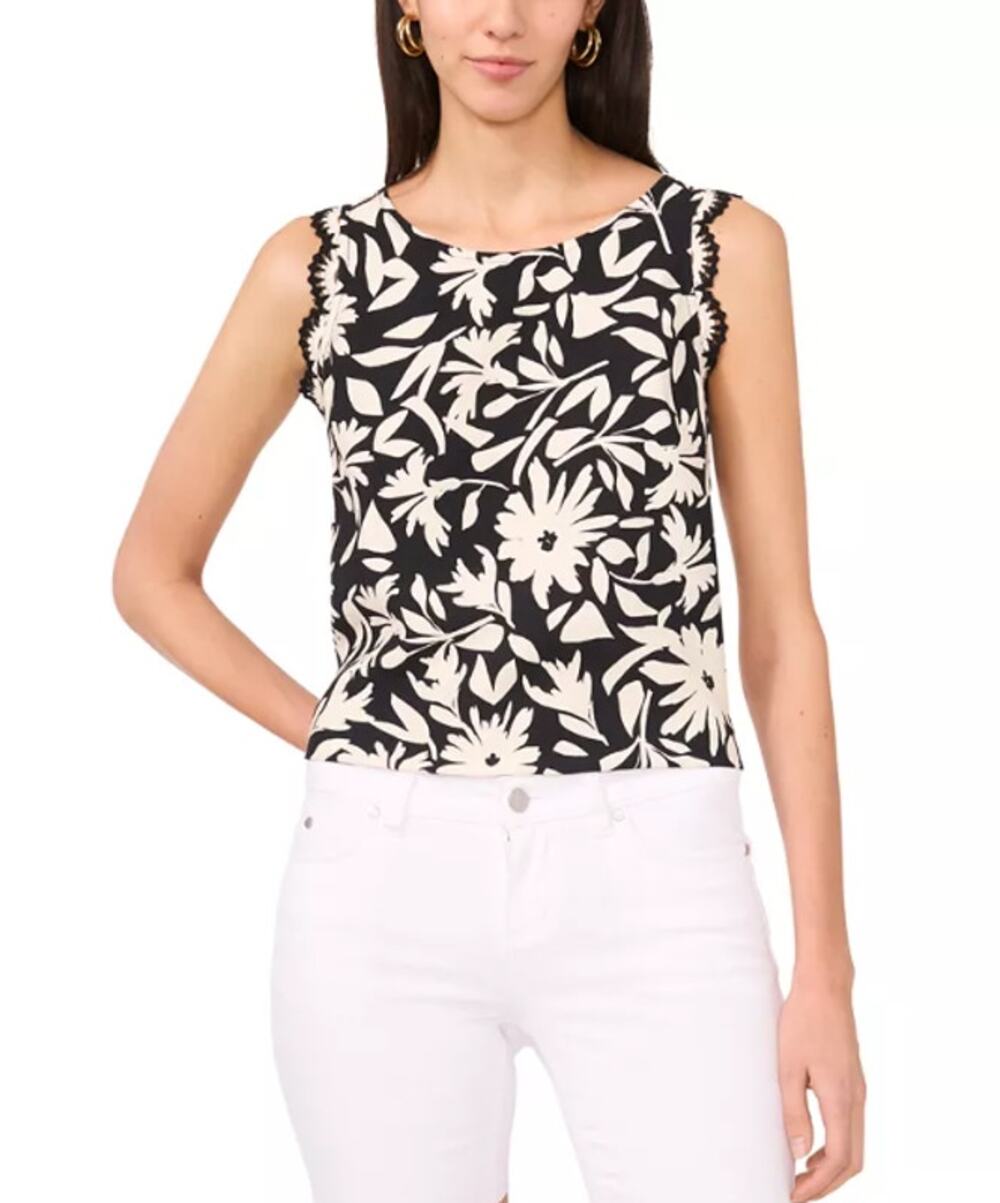 VINCE CAMUTO Women's Floral-Print Top Small Black White Crocheted-Trim NWT